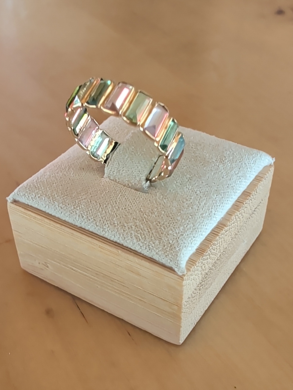 18K Yellow Gold Multicolor Emerald Cut Tourmoline Stone Ring, Size 7